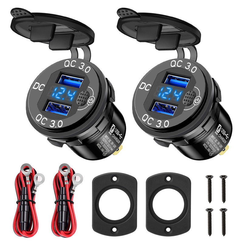 Linkstyle 2PCS 12V USB Outlet, Dual 18W QC3.0 USB A Ports Car Charger Socket with Botton Switch & Blue LED Voltmeter for 12V/24V RV Boat Truck