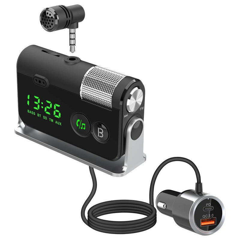 [AUSTRALIA] - WYYHAA Bluetooth Car Adapter, Blutu para Carros with 2 Microphones & QC3.0 +Type-C PD 18W HiFi Bass Supports Hands-Free Calling, Siri Google Assistant, TF Card AUX Output Silver 