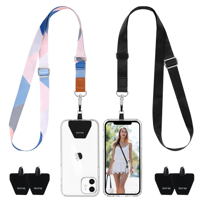 OUTXE Phone Lanyard- 2-Pack Adjustable Neck Strap, 4× Pad with Adhesive, Nylon Cell Phone Lanyard Compatible with All Smartphone Black + Blue Stripes