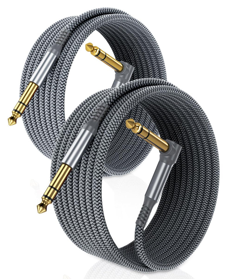 6.35mm TRS Instrument Cable 10FT 2-Pack,Right Angle 90 Degree 1/4 Inch Male Jack Stereo Audio Cord,6.35 Balanced Line Lead for Electric Guitar,Bass,Keyboard,Mixer,Amplifier/AMP,Speaker,Equalizer,FT,6 10 Feet gray