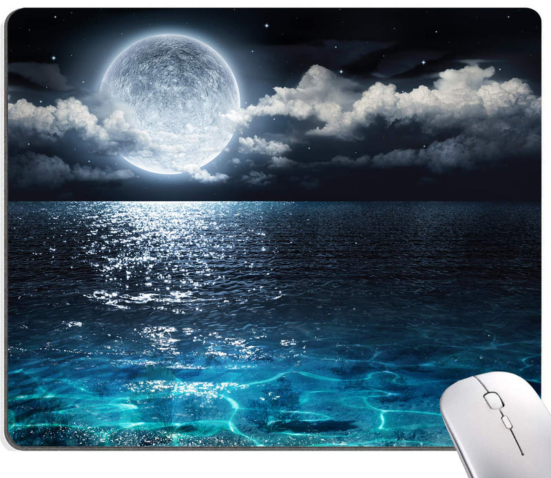 Ocean and Moon Mouse Pad, Moon Illuminating The Clear Blue Ocean Design Mouse Pad, Mouse Mat Square Waterproof Mouse Pad Non-Slip Rubber Base MousePads for Computer Laptop Men Women Kids Ocean and Moon
