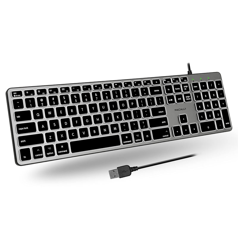 Macally Backlit Mac Keyboard Wired - Quiet, Sleek, and Functional - 3 Brightness Levels, 107 Keys - 5ft USB Wired Apple Keyboard - Backlit Wired Keyboard for Mac, iMac, MacBook Pro/Air - Space Gray