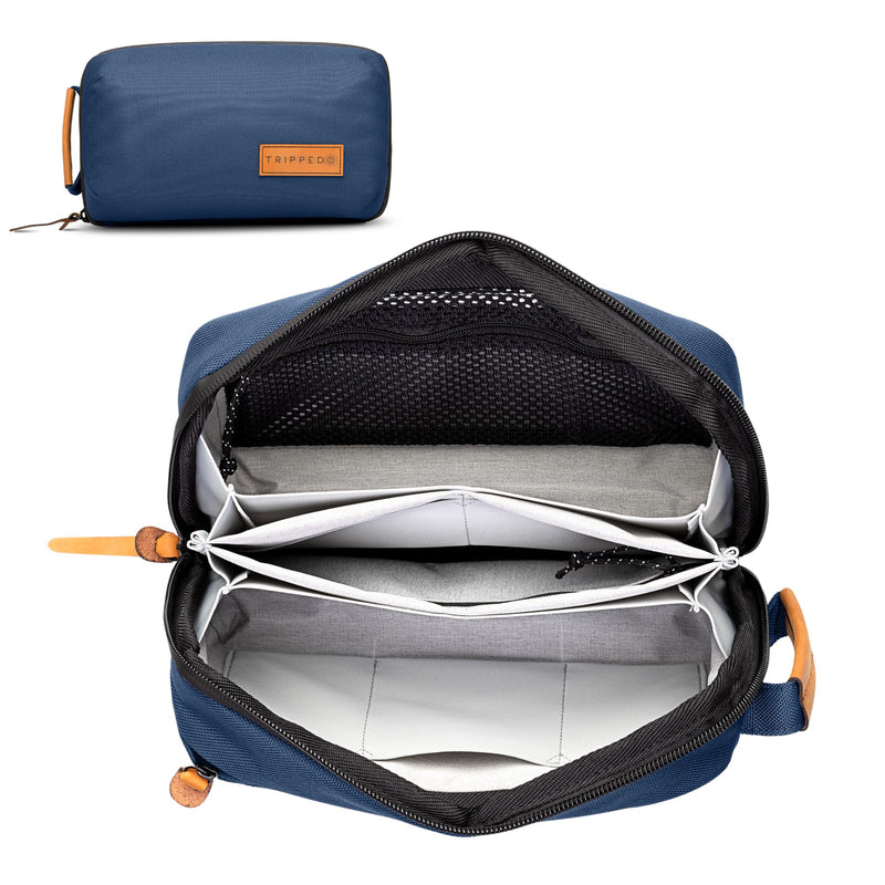 Tech Bag Organizer - Small Electronics Organizer Pouch for Travel - Premium Travel Case with Leather Accents - Mesh Pocket for Cables, Cords and Chargers (Navy) Navy