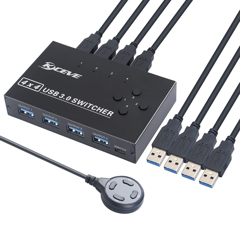 KCEVE USB 3.0 Switch, USB Switcher Selector 4 Computer Sharing 4 USB Devices Printer, Scanner, Mouse, Keyboard, Compatible with Mac/Windows/Linux, with 4 Pack USB 3.0 Cables 4x4 USB Switch