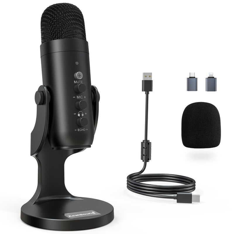 ZealSound USB Microphone,Condenser Computer PC Mic,Plug&Play Gaming Microphones for PS 4&5.Headphone Output&Volume Control,Mic Gain Control,Mute Button Vocal,YouTube Podcast on Mac&Windows(Black) Black