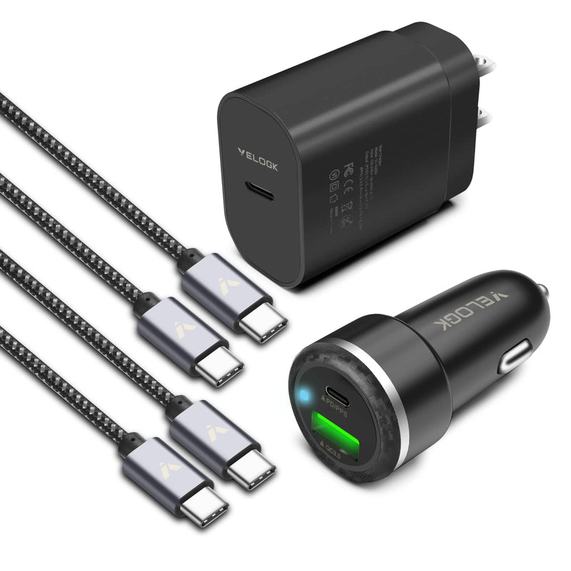 Super Fast Charger Type C Kit, VELOGK 25W PD PPS USB C Wall/Car Charger for Samsung Galaxy S24/S23 Ultra/S23+/S23/S22/S21/S20/Plus/Ultra/FE/Note 20/A71, iPad Pro, with 2X Nylon USB C-to-C Cable(3.3ft) 3.3ft