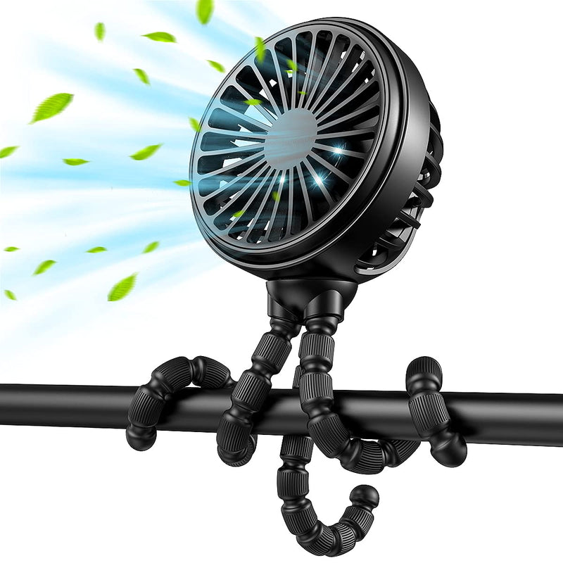 GUSGU Mini Stroller Fan Clip-on for Baby, Small Portable Fan Rechargeable and Handheld, USB Cooling Fan with 3 Adjustable Speeds and Flexible Tripod for Travel, Car Seat, Camping, and Bedroom black