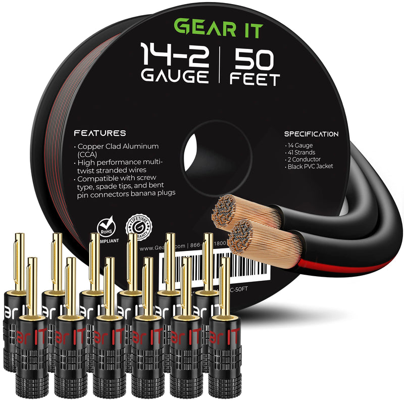GearIT 14 Gauge Speaker Wire (50 Feet / 15.24 Meters) with Banana Plugs (6 Pairs, 12 Pieces) Pro Series 14 AWG Speaker Cable - Black 50 Feet + 12 Banana Plugs