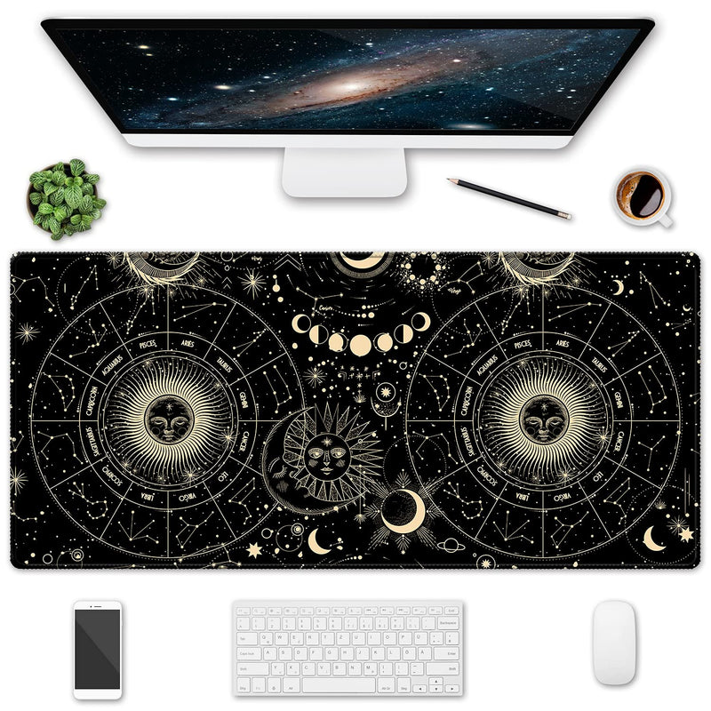 HOMKUMY Extended Gaming Mouse Pad, 35.5x15.75 Non-Slip Large Desk Pad Mousepad with Stitched Edges Waterproof Keyboard Mouse Mat Desk Protector for Game, Office and Home, Moon Sun Yellow