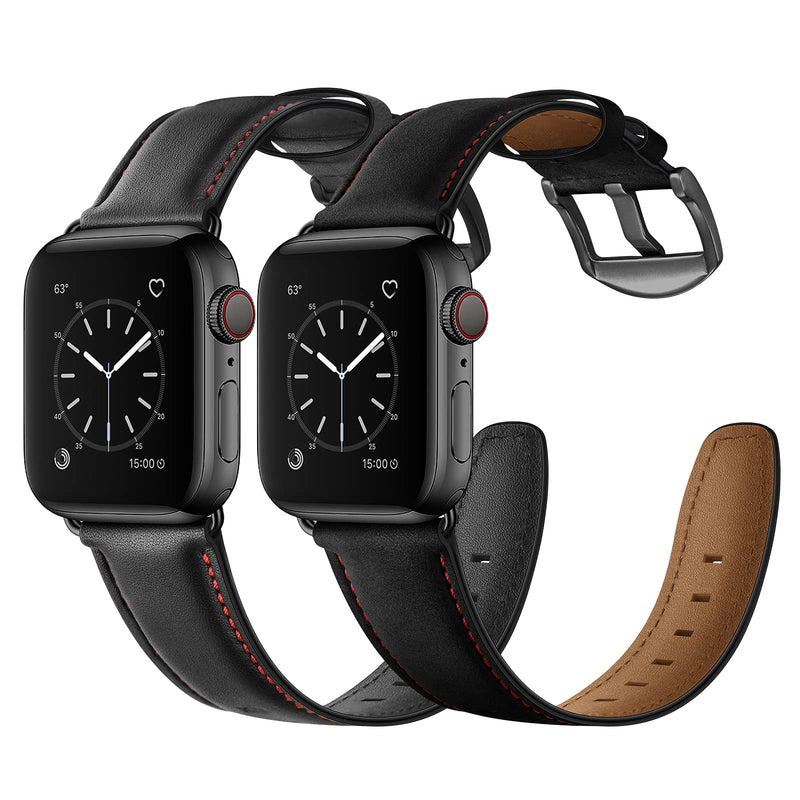 Leather Band Compatible with Apple Watch 44mm 42mm Mens Women Vintage Leather Strap XL Dressy Black Buckle Bands with Black Adapters for iWatch Series 6 5 4 3 2 1 SE, 2 PACK