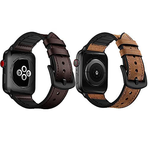 OUHENG Compatible with Apple Watch Band Sweatproof Genuine Leather and Rubber Hybrid Band 41mm 40mm 38mm Brown & Dark Brown