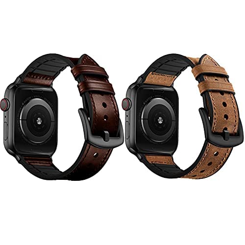 OUHENG Compatible with Apple Watch Band Sweatproof Genuine Leather and Rubber Hybrid Band 41mm 40mm 38mm Brown & Light Brown