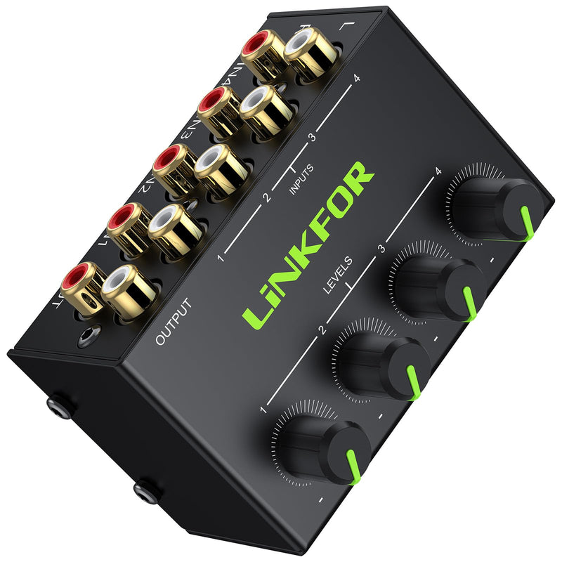 LiNKFOR 4 Channel Stereo Audio Mixer CX400 Metal Shell Support RCA Input and Output Mini Passive Stereo Mixer with Separate Volume Controls