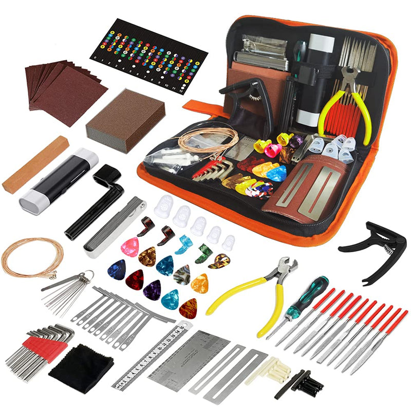 [AUSTRALIA] - 99PCS Professional Guitar Repairing & Maintenance Tool Kit with Capo, Strings, Picks, Bridge Pins, Gauge, Accessories - Gift for Acoustic, Electric Guitar, Ukulele, Bass, Banjo Orange 