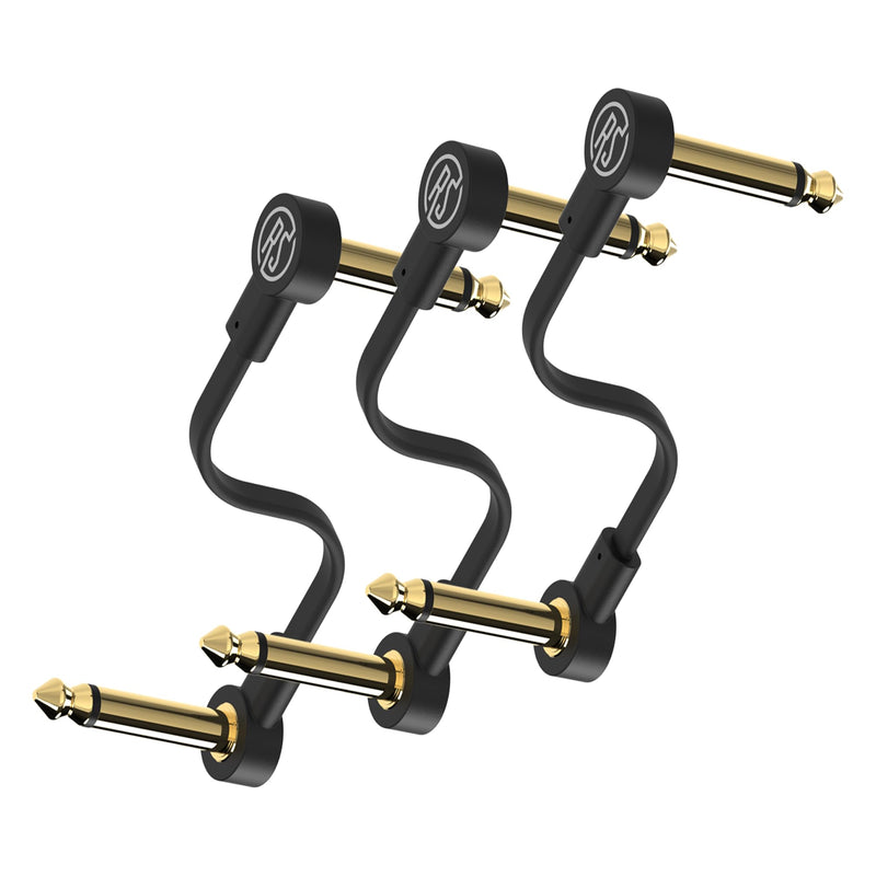 Rock Stock Guitar Flat Patch Cables (Pack of 3) - 6 Inch S-Shape Ultra-Thin Effect Guitar Pedal Patch Cables - Right-Angle, Black with Durable Gold Plated Connectors, Maximize Pedalboard Space 6 Inches