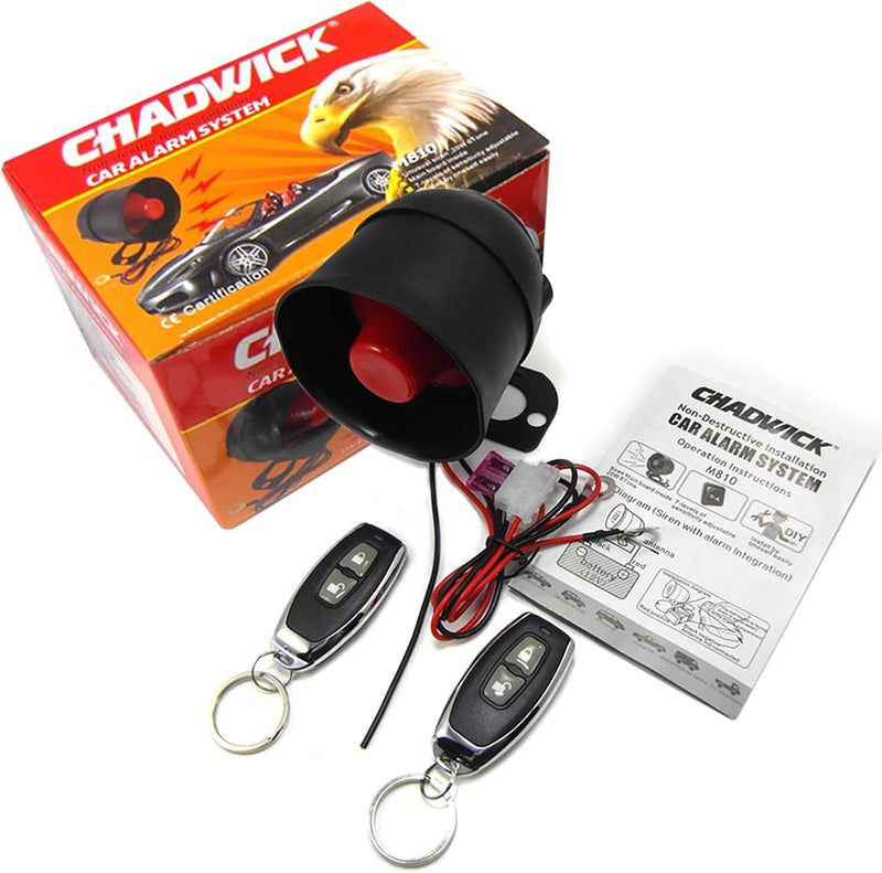 CHADWICK Vehicle Security Alarm, 7-Level Sensitivity, M810-8110 | A wired siren, adjustable vibration response and two remotes provide practical security for compatible 12V vehicles CW-8110