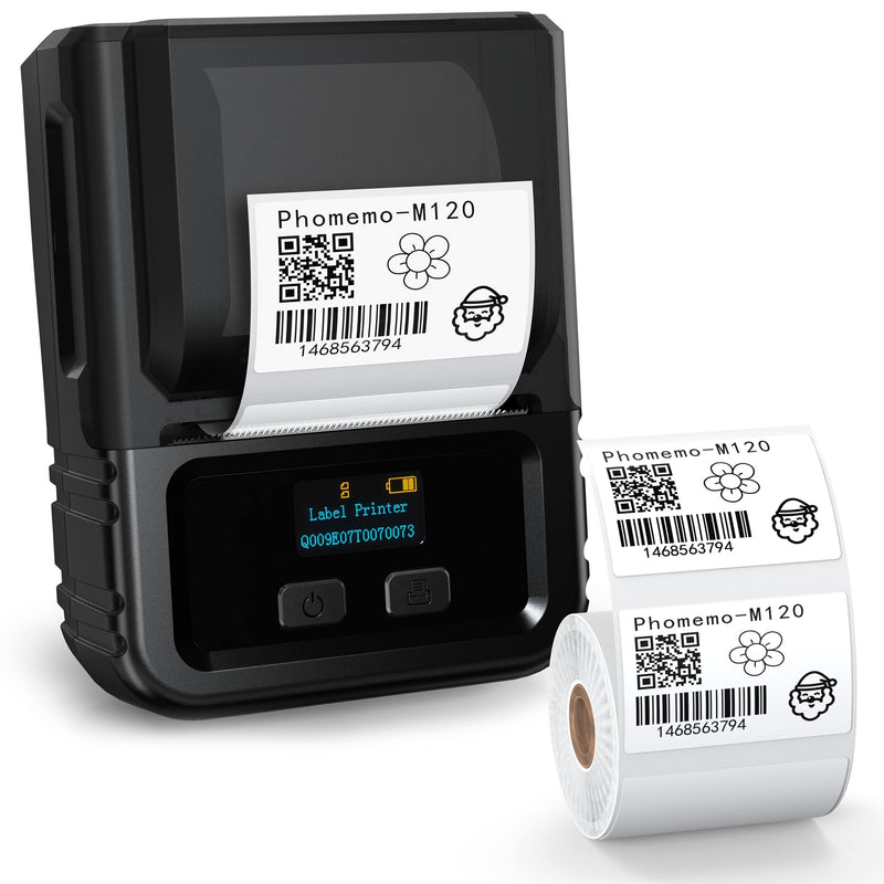 Phomemo M120 Label Maker- Barcode Printer Bluetooth Thermal Label Machine 2 Inch 50mm for Retail, QR Code, Small Business, Compatible with Android, iOS & PC, Black B/1 Roll Label