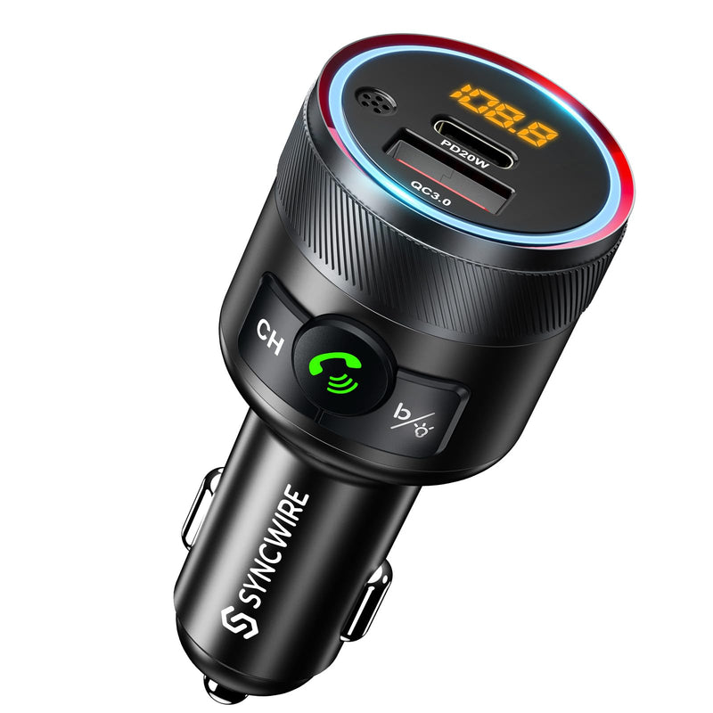 [AUSTRALIA] - Syncwire Bluetooth 5.4 FM Transmitter for Car, 38W PD&QC3.0 Dual USB Charging Bluetooth Car Adapter Microphone & Bass Sound MP3 Music Player FM Kit with Hands-Free Calling Black 