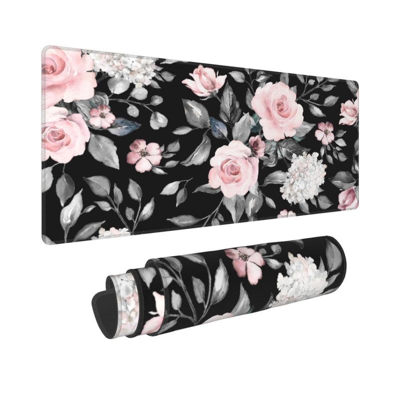 Floral Extended Gaming Mouse Pad Non-Slip Rubber Base Black Large Mousepad 31.5x11.8in with Stitched Edge Waterproof Pink Peony Flowers Pads Computer Black Desk Laptop Mats for Work/Game/Office/Home Flower