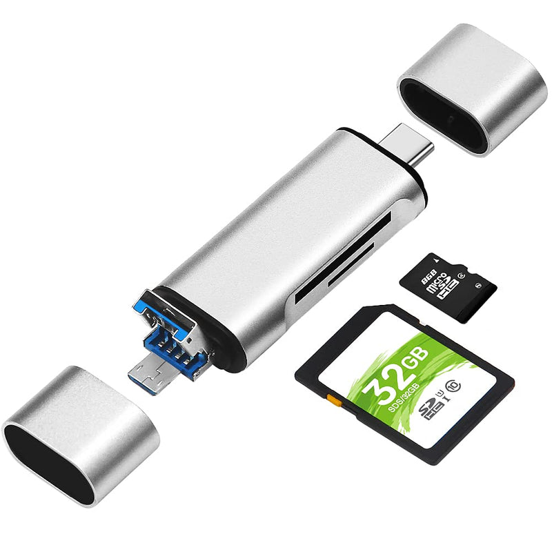 SD/Micro SD Memory Card Reader, BorlterClamp 3 in 1 Memory Card Reader with USB C Micro-USB OTG Adapter Compatible with PC, Laptop, MacBook, Tablet, Smartphone (Silver) silver