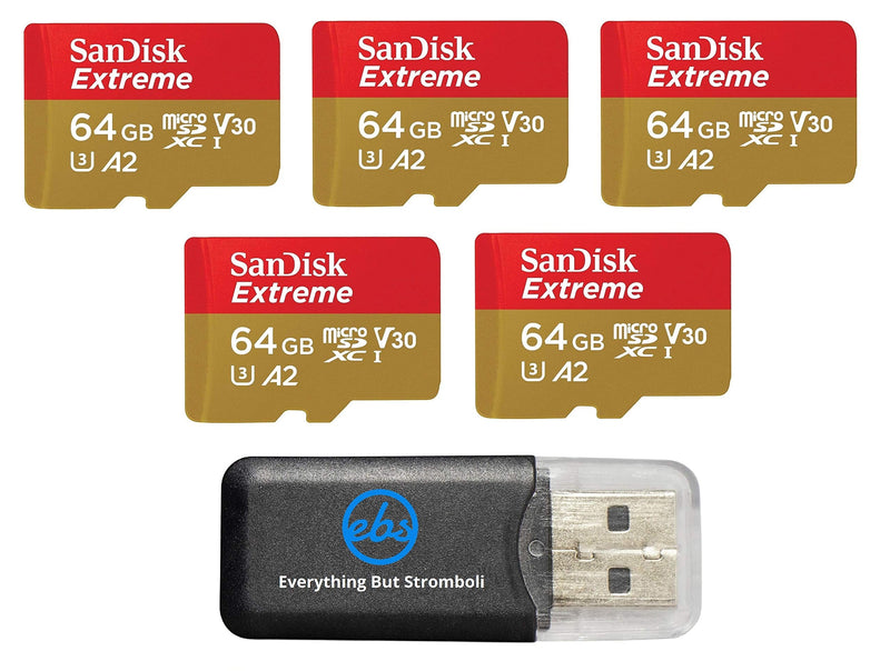 SanDisk Micro Extreme 64GB Memory Card (Five Pack) for DJI Air 2S Drone (SDSQXA2-064G-GN6MN) Bundle with (1) Everything But Stromboli MicroSD Card Reader