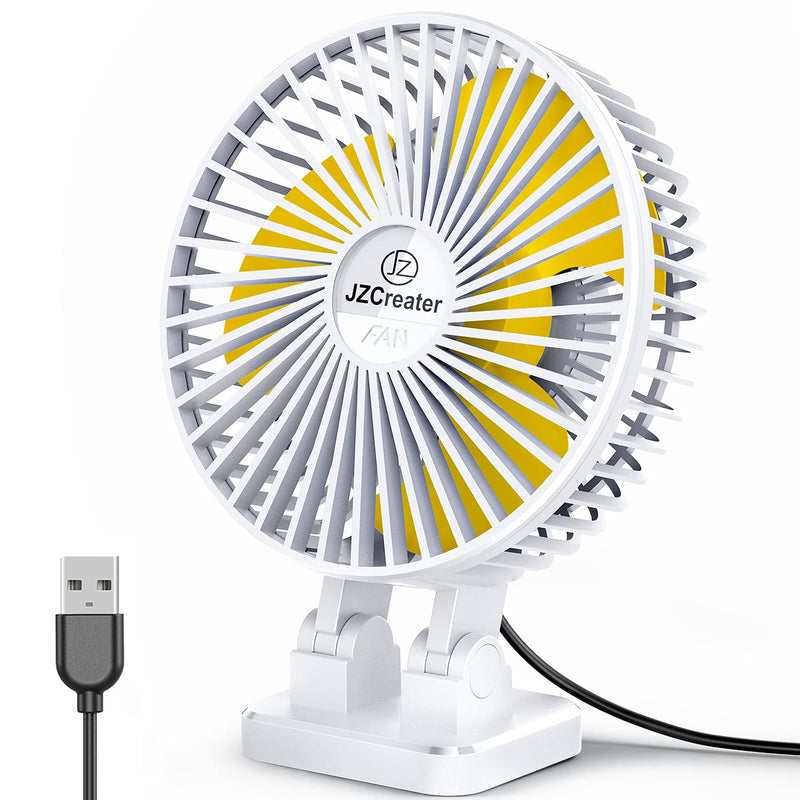 JZCreater USB Desk Fan, 5INCH Mini Fan, 3 Speeds Adjustable Desktop Table Cooling Fan in Single Button , Rotation Strong Wind, Quiet Personal Mini Fan for Home Desktop Office Travel,（White） White Yellow