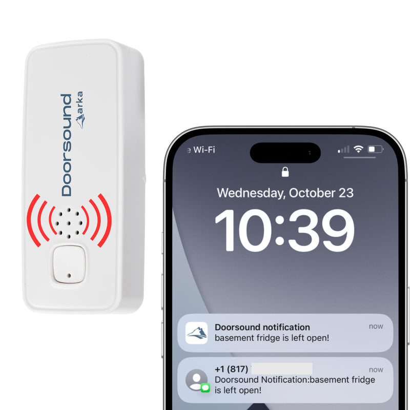 Doorsound WiFi Freezer & Refrigerator Door Alarm – Text & App Notifications When Door is Left Open, Adjustable Delay & Volume, No Hub, No Subscription main white