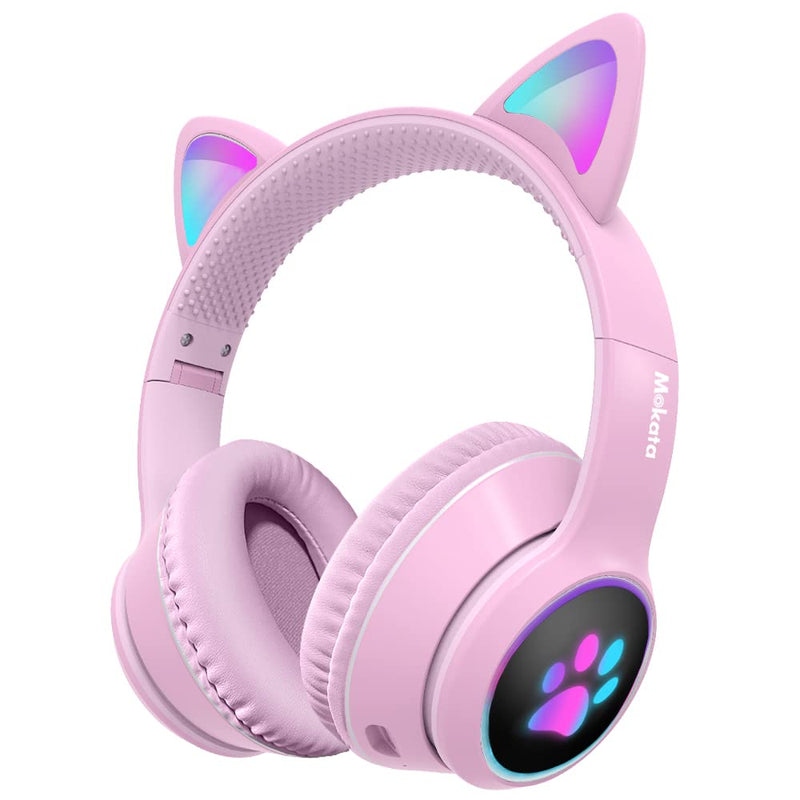 Mokata Gaming Bluetooth 5.0 Wireless Headphones Over Ear Cat LED Light Foldable Music Headset with AUX 3.5mm Microphone (Built-in) for Adult & Kids PC TV Game Music Pad Laptop Cellphone Pink Bluetooth Wireless