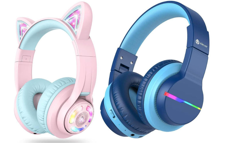 iClever BTH13 & BTH12 Kids Bluetooth Headphones Bundles, Colorful LED Lights Up, 74/85/94dB Volume Limited, Bluetooth 5.2, AUX Cable, Over Ear Kids Headphones Wireless for iPad/Tablet/Travel