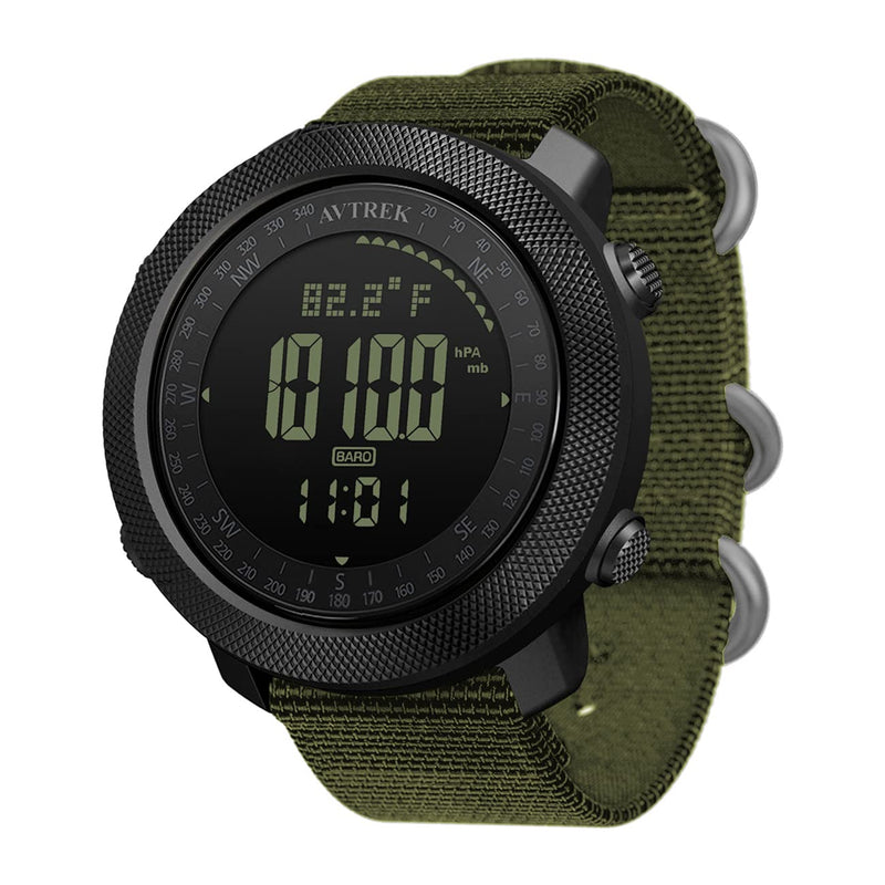 AVTREK Digital Hiking Sport Watch for Men Tactical Military Altimeter Watch | Large Rugged Dial, Compass, Altimeter, Barometer, Pedometer, 50M Waterproof, Solid Nylon Strap, Army, Outdoor, Training Green