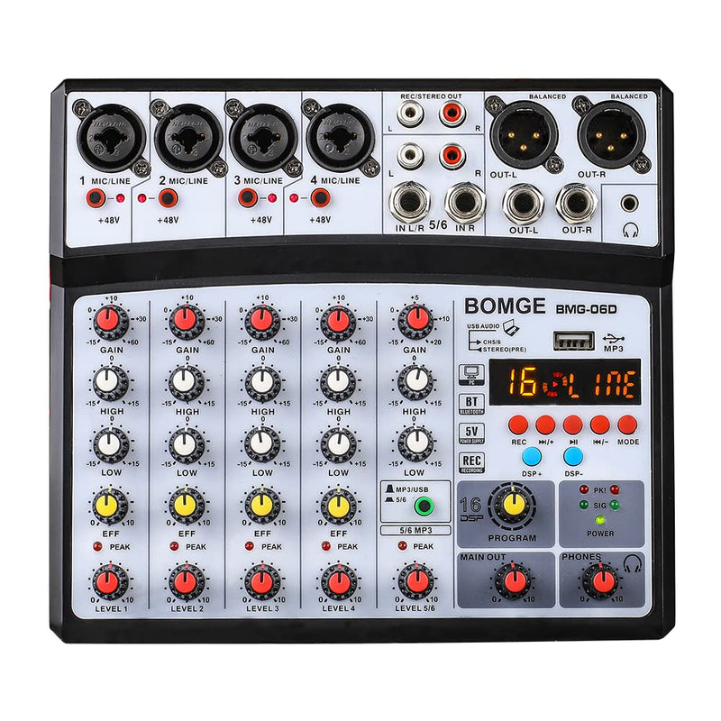 [AUSTRALIA] - BOMGE 6 Channel Audio Sound Mixer - Professional Digital DJ Mixing Console for Live Streaming, Karaoke and Stereo Recording - With PC Computer Record Playback/Bluetooth/MP3/USB/48V /16 DSP Echo Black 