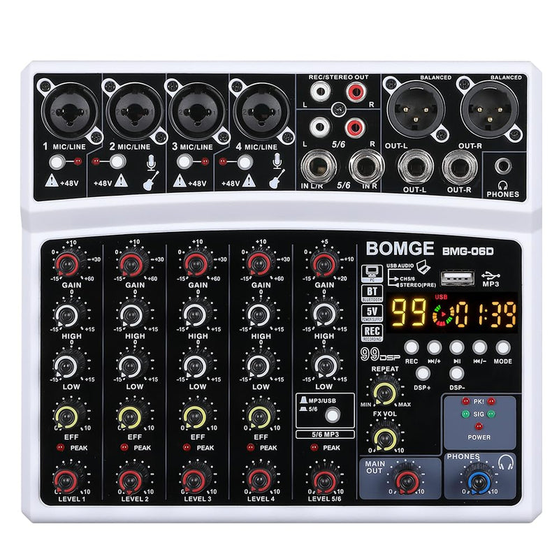 BOMGE 6 Channel Audio Sound Mixer - Professional Digital DJ Mixing Console for Live Streaming, Karaoke and Stereo Recording - With PC Computer Record Playback/Bluetooth/MP3/USB/48V /99 DSP White