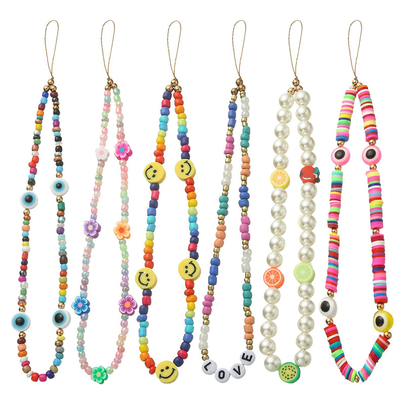 Taouzi 6PCS Beaded Phone Lanyard Wrist Strap Face Beaded Phone Charm Fruit Star Pearl Rainbow Color Beaded Phone Chain Strap for Women Girls Style6-1