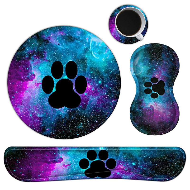 Mouse Pad Wrist Support Keyboard Wrist Rest Combo+Cup Coaster [4-in-1] , Easy Typing Pain Relief, Memory Foam Gel Elbow Cushion Mousepad Set for Computer Laptop Office Home - Paw Galaxy