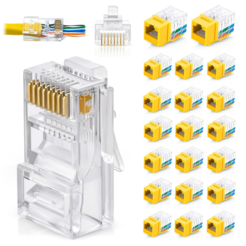 GTZ Bundle – 2 Items: RJ45 Cat6 Pass Through Connectors, Pack of 100 + RJ45 Cat6 / 5e Keystone Jacks, 20 Pack - Yellow
