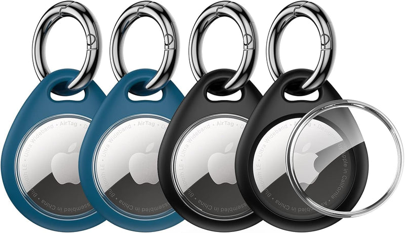 UNBREAKcable Apple AirTag Holder - 4 Pack [Fit Tightly Design] [Easy to Install] [Hold Air Tag Securely] Waterproof TPU Shell Protective Case with All Metal Keychain Key Ring Clip Black & Blue