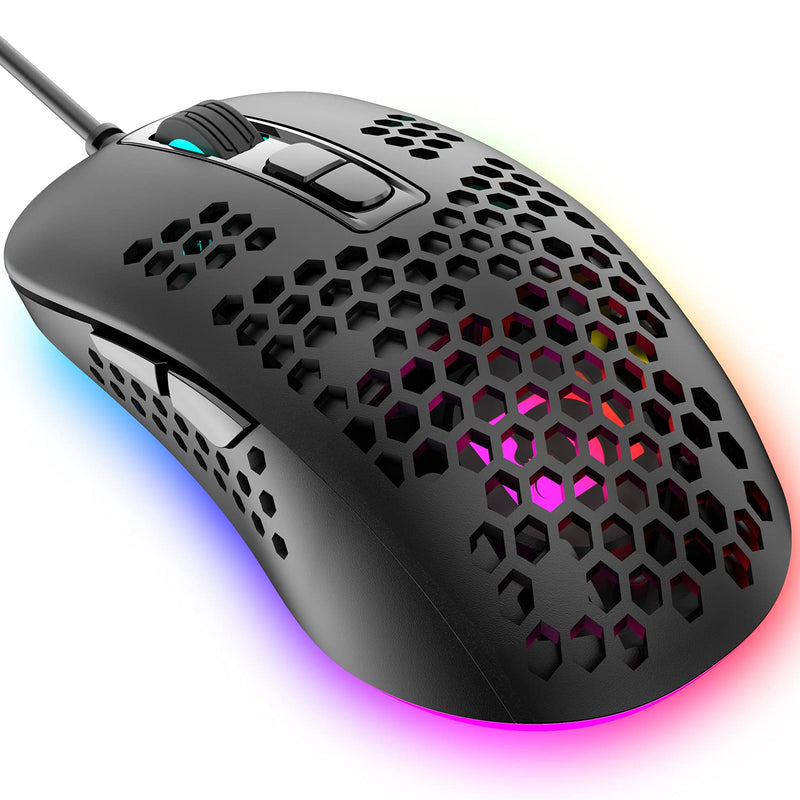 Lightweight Gaming Mouse Wired,USB Optical Computer Mice with RGB Backlit,4 Adjustable DPI Up to 2400,Ergonomic Gamer Laptop PC Mouse with Honeycomb Shell for Windows 7/8/10/XP Vista Linux -Black Black