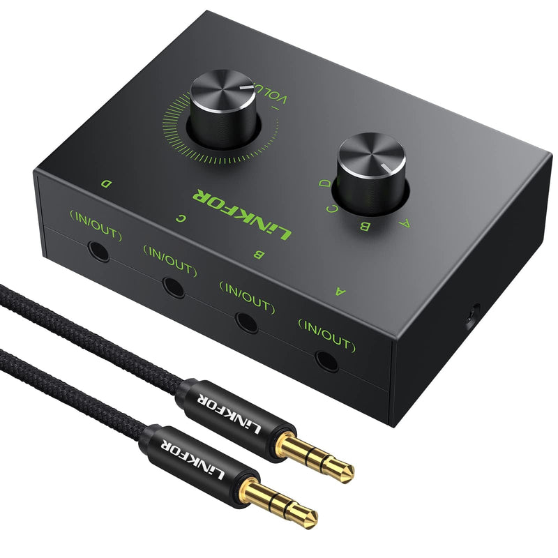 [AUSTRALIA] - LiNKFOR 4 Port 3.5mm Stereo Audio Switch, 4 Way Stereo Audio Selector, 4 Input 1 Output / 1 Input 4 Output Audio Splitter with Volume Control and 4 Channel Switch Knob 4 Ports 3.5mm 