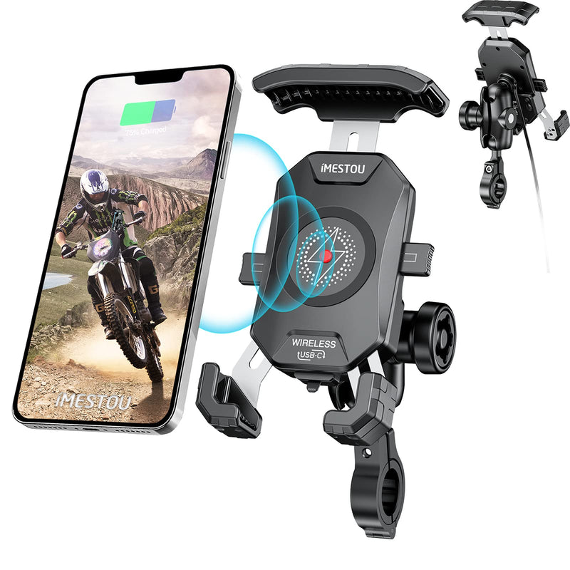 iMESTOU Anti-Theft Motorcycle Wireless Phone Mount Charger 15W & USB C 3A Handlebar 1" Ball Phone Holder Works with 12V/24V Vehicle/USB A Socket 720 Rotation Quick Charge for 4.0-7.0" Cellphones Double Socket Arm-Wireless & USB C Charge