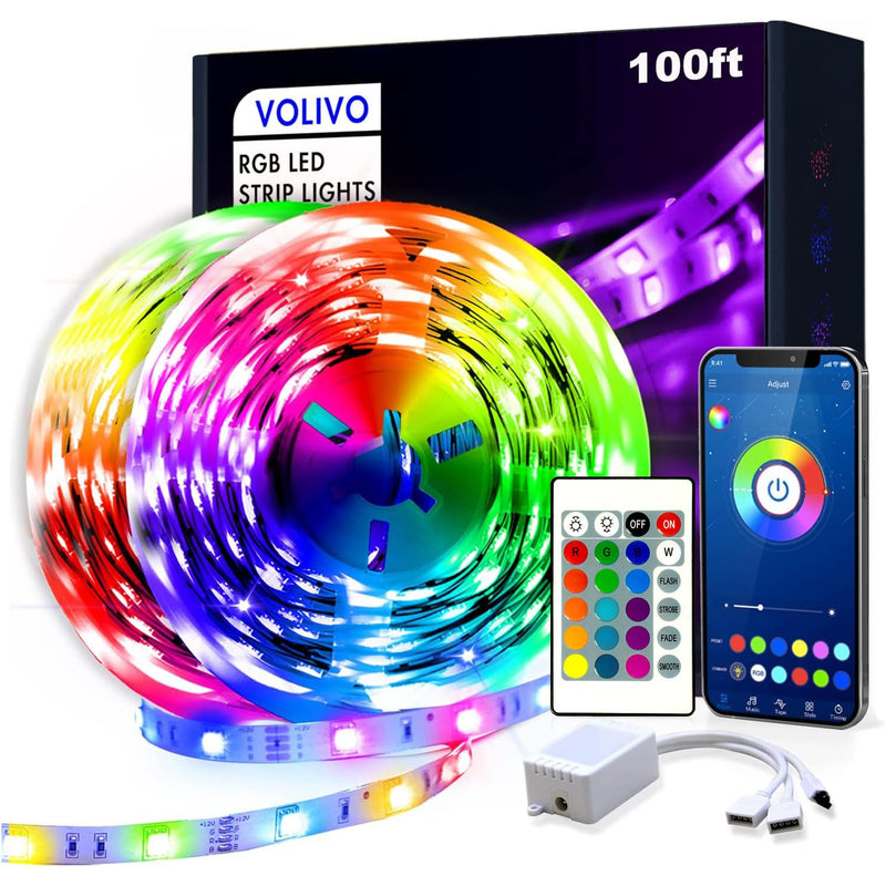 VOLIVO 100ft RGB Led Strip Lights, Color Changing Led Light Strips Kit with 24 Keys IR Remote Control, Led Lights for Bedroom, Room, Home 100 ft