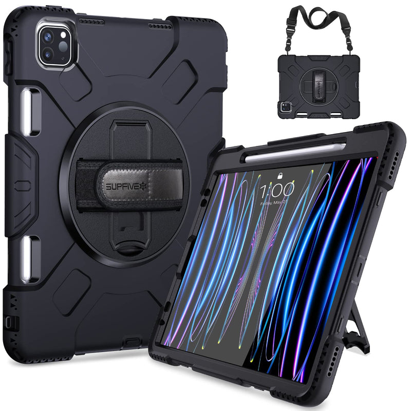 SUPFIVES Case for iPad Pro 11 inch (2022/2021/2020), Upgraded Military Grade Shockproof Protector Silicone iPad Pro 11 4th Gen Cover Pencil Holder+ Handle+ Shoulder Strap+ Rotating Kickstand, Black Ipad pro 11 inch 2022/2021/2020/2018