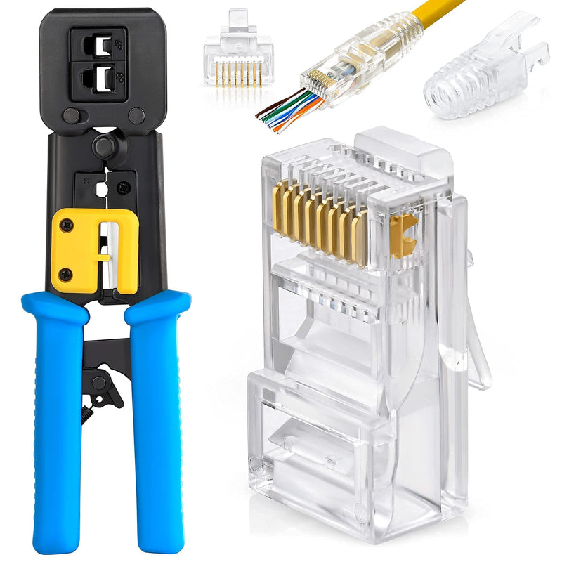 GTZ Bundle – 2 Items: RJ45 Crimp Tool + RJ45 Cat6 Pass Through Connectors and Strain Relief Boots - Pack of 100/100