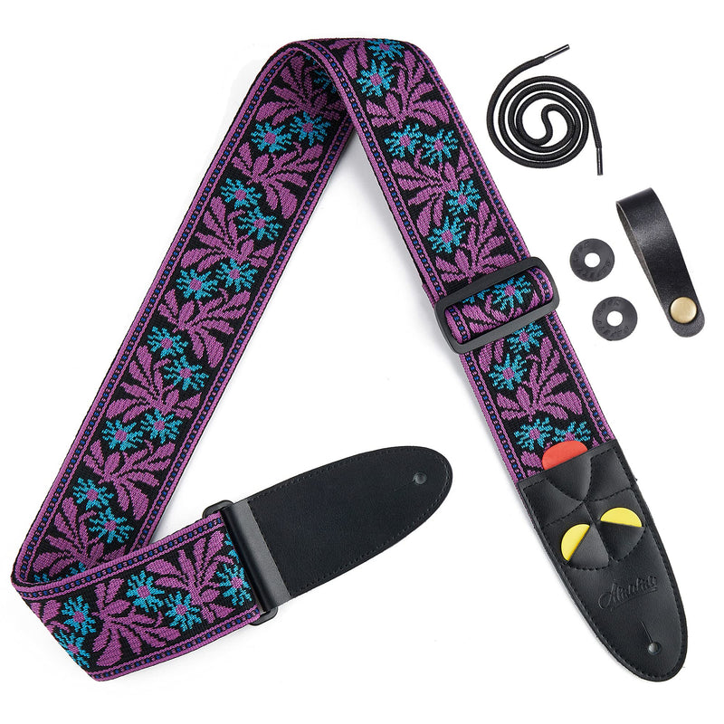 Amumu Guitar Strap Jacquard Purple Blue Flower for Bass, Electric & Acoustic Guitar Accessories