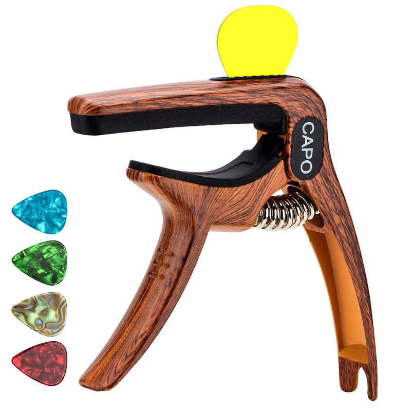 Guitar Capo, 3-in-1 multifunction capo for Acoustic and Electric Guitars (Free bonus 4 picks) with Pick Holder and Pin Puller, Guitar Accessories, wood grain color