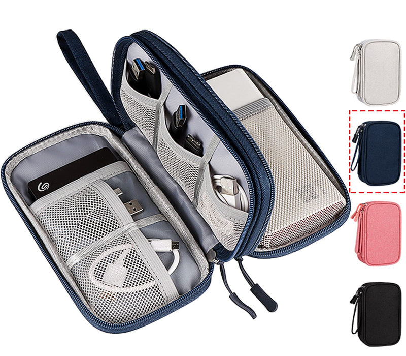 Portable, Waterproof Electronics Accessories Case and Organizer Bag for Cables, USB Drives and Chargers Double Layer - Navy Blue