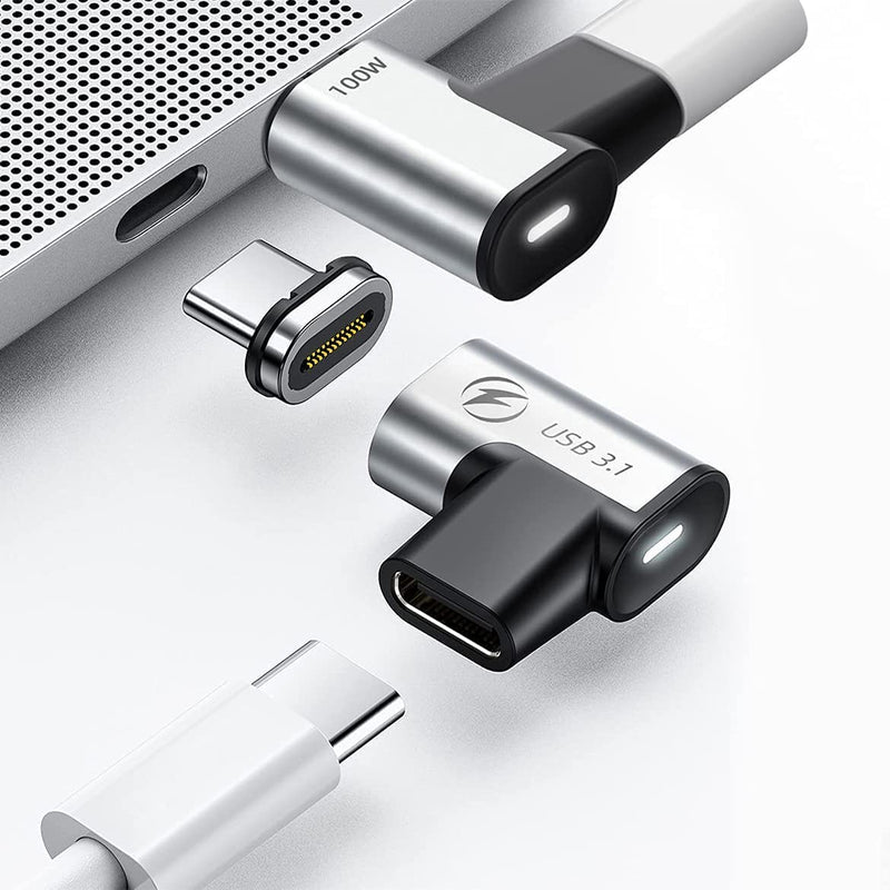 USB C Magnetic Adapter, (2 Pack) Magnetic USB C Adapter, 24Pins USB3.1 10Gbps Data Transfer 4K 60Hz Video PD 100w Charge Compatible with MacBook Pro/Air USB-C Laptop Elbow