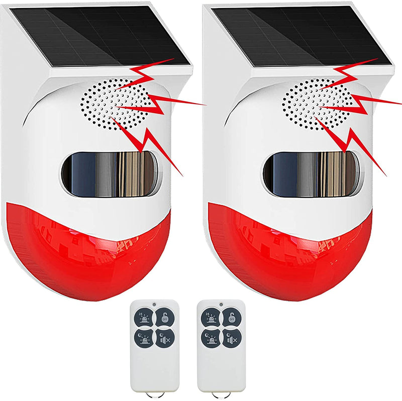 [AUSTRALIA] - ChunHee Solar Motion Sensor Outdoor Alarm,Adjustable Sensitivity Motion Activated Alarm,129db Sound Security Siren Light IP67 Waterproof and 4 Mode for Home,Farm,Barn,Villa,Yard(2 Pack) 2 Light+2 Remote Control 
