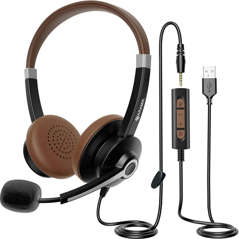 [AUSTRALIA] - Arama USB Headset with Microphone Noise Cancelling & in-line Call Controls, Ultra Comfort 3.5mm Wired Headset for Cell Phone, Computer Headset with Mute for PC Laptop Skype Webinar Home Office Brown 