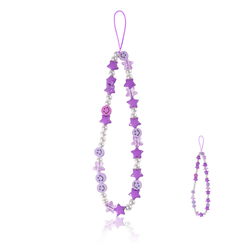 Phone Charm Lanyard, 1Pcs Smiley Face Beaded Phone Charm Strap Colorful Star Smiley Soft Ceramic Keychain for Women Girls Purple