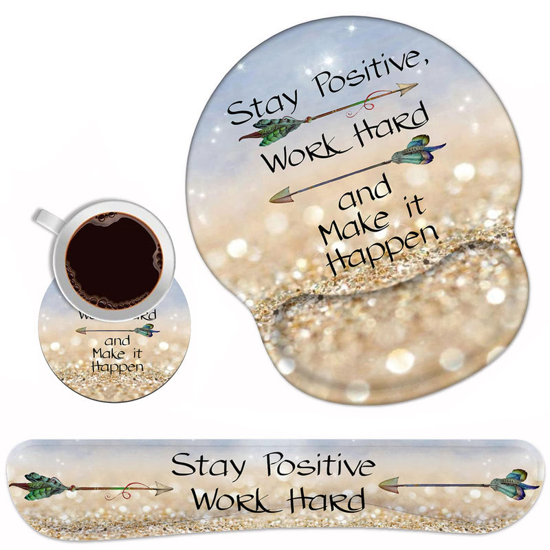 Keyboard Wrist Rest and Mouse Pad Wrist Support Set with Coasters,Stay Positive Work Hard and Make It Happen Inspirational Quote Wrist Mouse Pad with Non-Slip PU Base for Computer Laptop Home Office